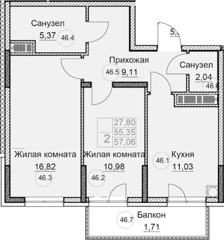 . Вариант № 2123071, 0, площадь - 55.4 квм, цена 8570480 рублей