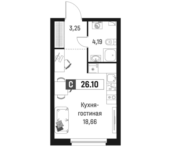 . Вариант № 1835047, 0, площадь - 26.1 квм, цена 5346736 рублей