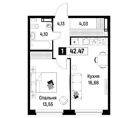 . Вариант № 1834938, 0, площадь - 42.47 квм, цена 8927479 рублей