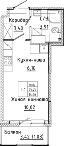 . Вариант № 1814710, 0, площадь - 23.43 квм, цена 4962319 рублей