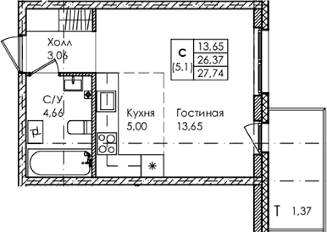 . Вариант № 1834357, 0, площадь - 26.37 квм, цена 10433000 рублей