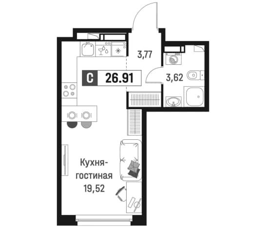 . Вариант № 1835262, 0, площадь - 26.91 квм, цена 5952683 рублей