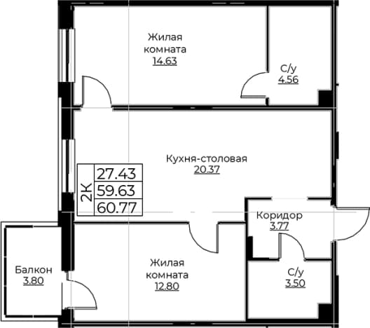 . Вариант № 1871496, 0, площадь - 59.63 квм, цена 10936108 рублей