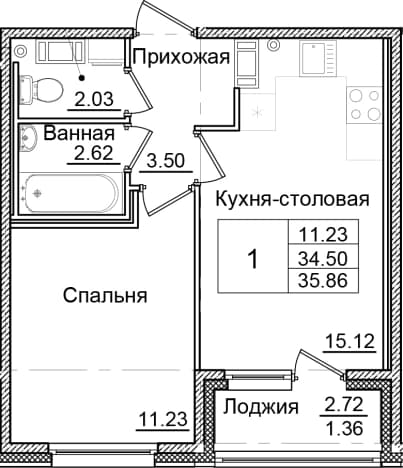 . Вариант № 1910278, 0, площадь - 34.5 квм, цена 6492810 рублей