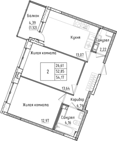 . Вариант № 2353419, 0, площадь - 52.85 квм, цена 11023755 рублей