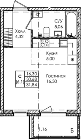 . Вариант № 1834381, 0, площадь - 30.68 квм, цена 11874000 рублей