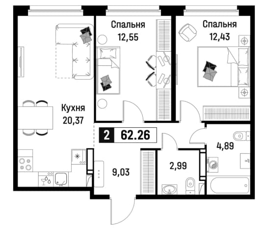 . Вариант № 1834839, 0, площадь - 62.26 квм, цена 11694576 рублей