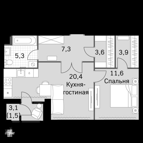 . Вариант № 2339665, 0, площадь - 51.6 квм, цена 29308800 рублей