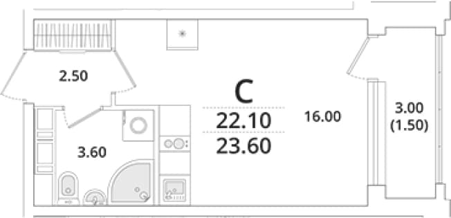 . Вариант № 397770, 0, площадь - 22.3 квм, цена 7046292 рублей