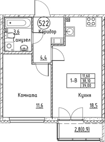 . Вариант № 2393246, 0, площадь - 38.1 квм, цена 9711832 рублей
