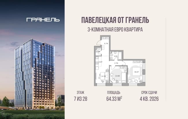 Купить трехкомнатную квартиру в новостройках у метро Павелецкая в Москве. Вариант № 2263073, 0, площадь - квм, цена 44451630 рублей