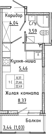 . Вариант № 1814791, 0, площадь - 21.46 квм, цена 4767877 рублей