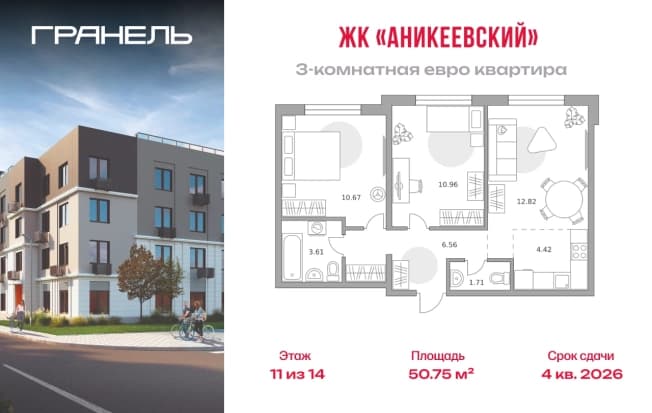 . Вариант № 2202573, 0, площадь - 50.75 квм, цена 10564285 рублей
