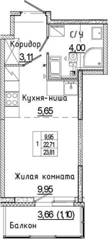 . Вариант № 1814904, 0, площадь - 22.71 квм, цена 4034744 рублей
