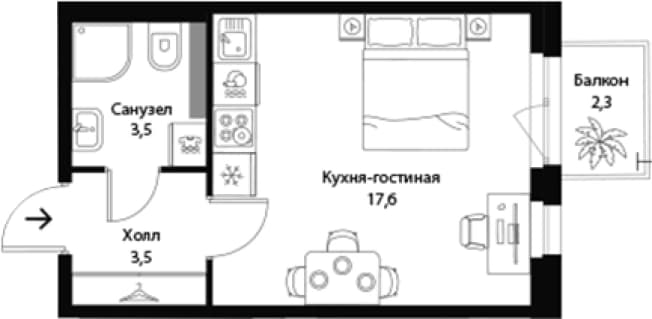 . Вариант № 1863709, 0, площадь - 24.61 квм, цена 7984729 рублей