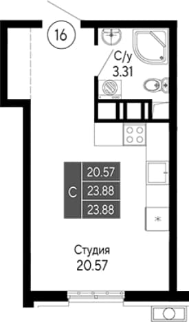 . Вариант № 2111907, 0, площадь - 23.88 квм, цена 7641600 рублей