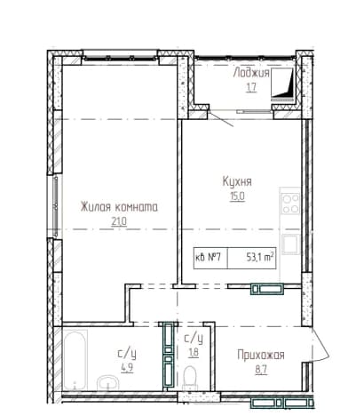 . Вариант № 2386792, 0, площадь - 53.1 квм, цена 6531300 рублей