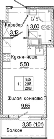 . Вариант № 1815002, 0, площадь - 21.87 квм, цена 4298032 рублей