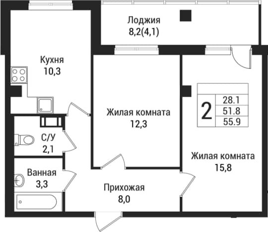 . Вариант № 1864508, 0, площадь - 51.8 квм, цена 7897500 рублей