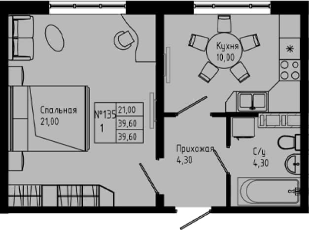 . Вариант № 1891686, 0, площадь - 39.6 квм, цена 4629640 рублей