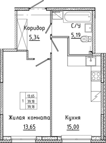 . Вариант № 1814632, 0, площадь - 39.18 квм, цена 6545383 рублей
