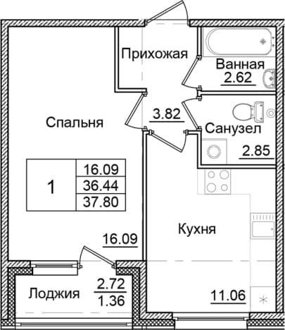 . Вариант № 1910302, 0, площадь - 36.44 квм, цена 6776303 рублей
