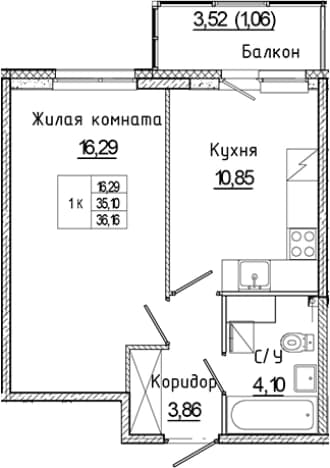 . Вариант № 1814825, 0, площадь - 35.1 квм, цена 7594592 рублей