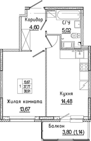 . Вариант № 1851890, 0, площадь - 37.77 квм, цена 7222094 рублей