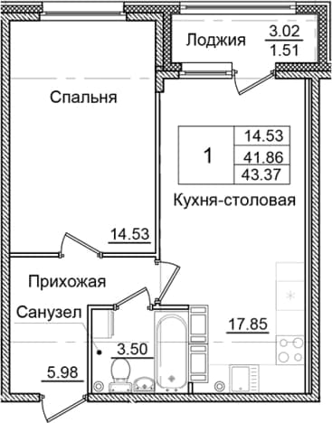 . Вариант № 2242709, 0, площадь - 41.86 квм, цена 7861799 рублей