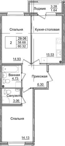 . Вариант № 1826599, 0, площадь - 58.68 квм, цена 10103600 рублей