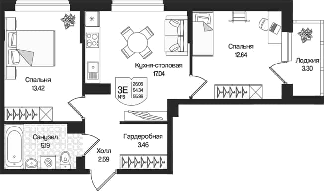 . Вариант № 1848655, 0, площадь - 54.34 квм, цена 13779139 рублей