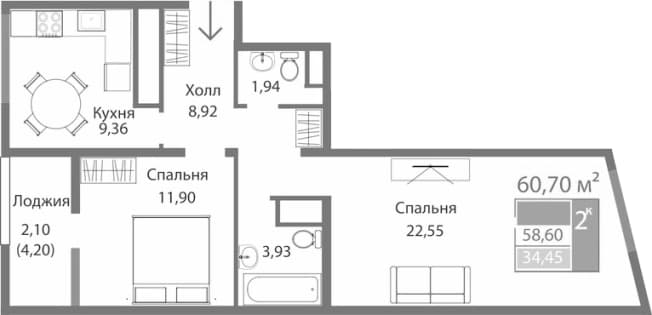 . Вариант № 2125388, 0, площадь - 58.6 квм, цена 9105000 рублей