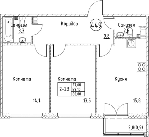 . Вариант № 1831024, 0, площадь - 59.1 квм, цена 12765069 рублей