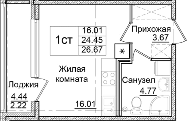 . Вариант № 1910334, 0, площадь - 24.45 квм, цена 4733721 рублей