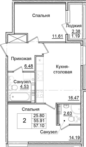 . Вариант № 2261402, 0, площадь - 55.91 квм, цена 10392200 рублей