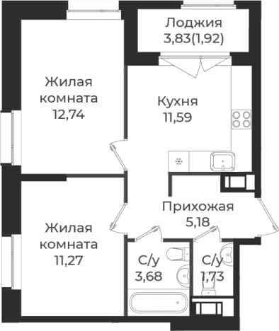 . Вариант № 1838730, 0, площадь - 46.19 квм, цена 8053614 рублей