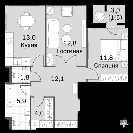 . Вариант № 2339640, 0, площадь - 60.9 квм, цена 34140540 рублей