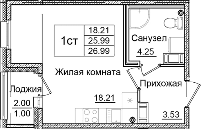 . Вариант № 1826587, 0, площадь - 25.99 квм, цена 5214786 рублей