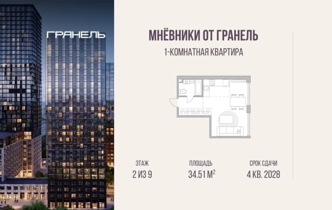 . Вариант № 2258393, 0, площадь - 34.51 квм, цена 20217527 рублей