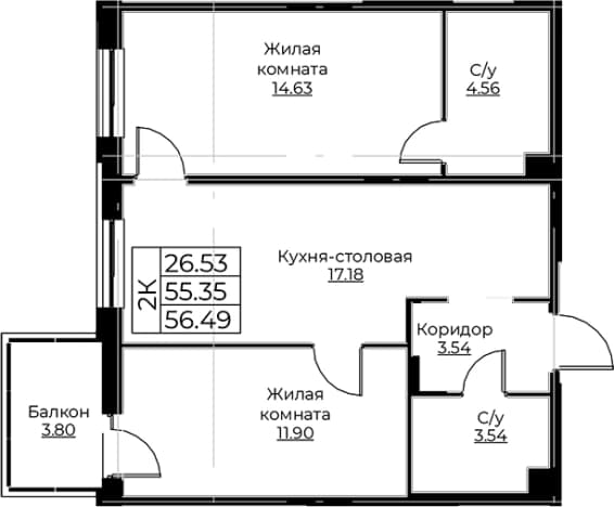 . Вариант № 1871488, 0, площадь - 55.35 квм, цена 10475336 рублей