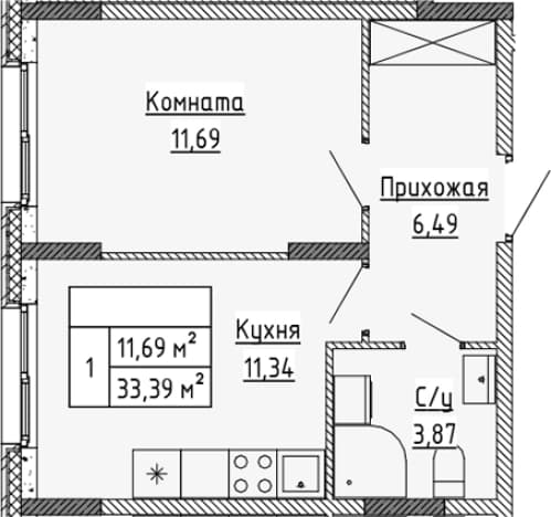 . Вариант № 1815169, 0, площадь - 33.39 квм, цена 4824630 рублей