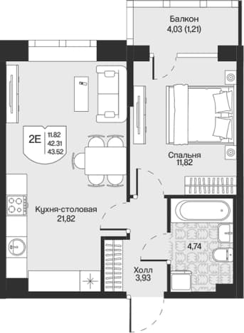 . Вариант № 1848589, 0, площадь - 42.31 квм, цена 10700455 рублей