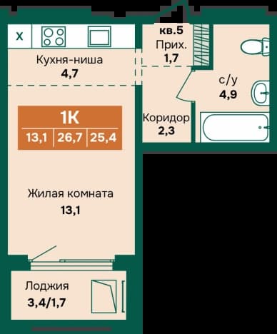. Вариант № 2234511, 0, площадь - 28.4 квм, цена 5191000 рублей