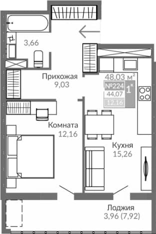 . Вариант № 2159511, 0, площадь - 38.59 квм, цена 7659000 рублей