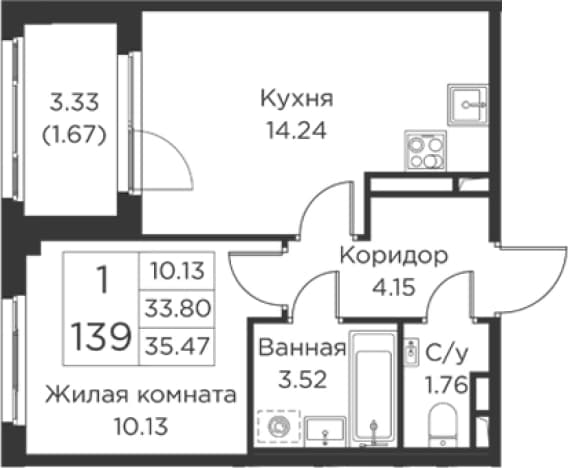 . Вариант № 2393436, 0, площадь - 33.8 квм, цена 10567222 рублей