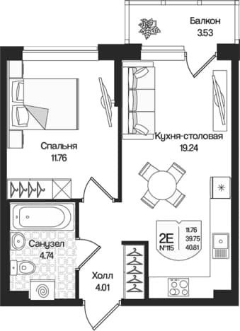 . Вариант № 1848640, 0, площадь - 39.75 квм, цена 9839298 рублей