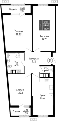 . Вариант № 2111283, 0, площадь - 84.6 квм, цена 15892200 рублей