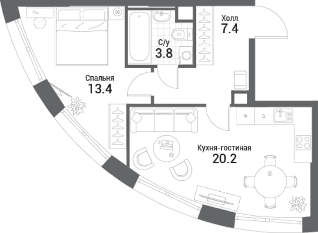 . Вариант № 2352492, 0, площадь - 44.8 квм, цена 31951413 рублей