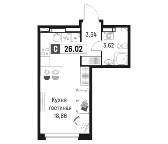 . Вариант № 1835547, 0, площадь - 26.02 квм, цена 5429346 рублей