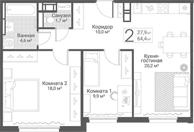 . Вариант № 2022731, 0, площадь - 64.4 квм, цена 18750000 рублей